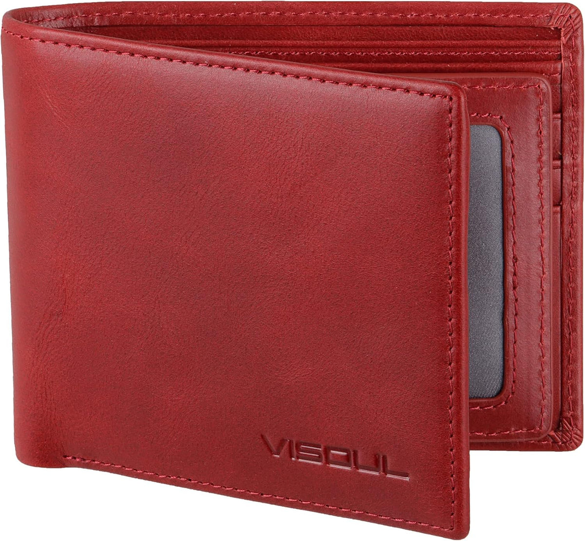 VISOUL Leather Mens Bifold RFID Blocking Wallet with 2 ID Windows, Leather Wallet for Men (Leather, Burgundy)