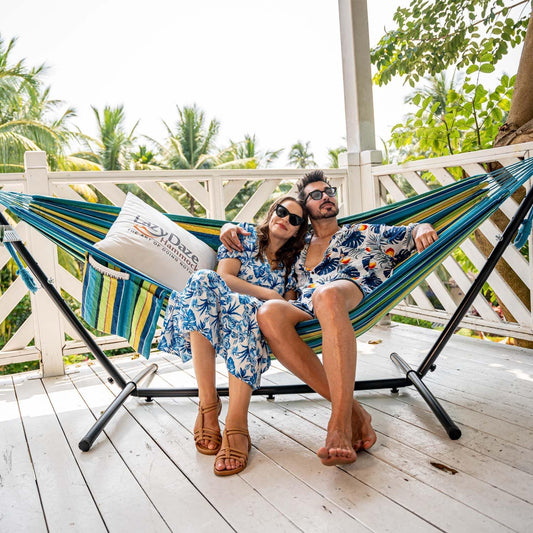 Lazy Daze Hammocks Double Hammock with 9FT Space Saving Steel Stand Includes Portable Carrying Case, 450 Pounds Capacity (Blue&Yellow)