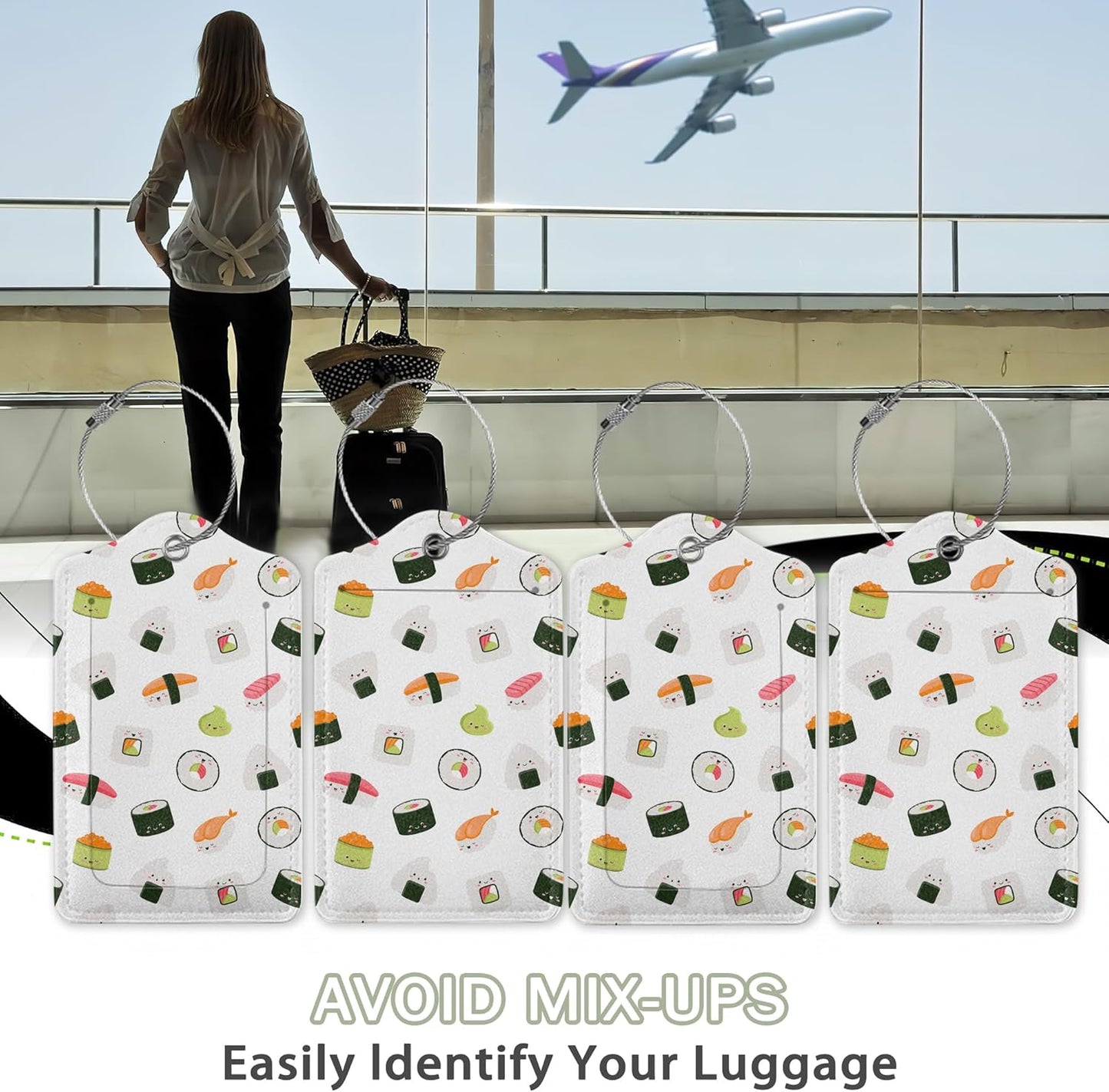 2 Pack Luggage Tags for Suitcase,Cute Funny Japanese Sushi Leather Luggage Tag Bag Tags Identifiers Privacy Cover Id Label with Steel Loop for Women Men Girls Boys Travel