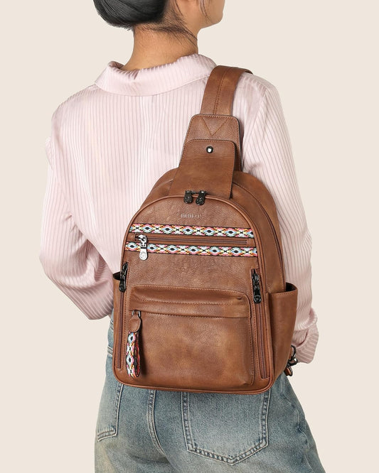 FADEON Large Sling Bag for Women, Leather Crossbody Purse Designer Anti Theft Sling Backpack, RFID Fanny Packs for Travel