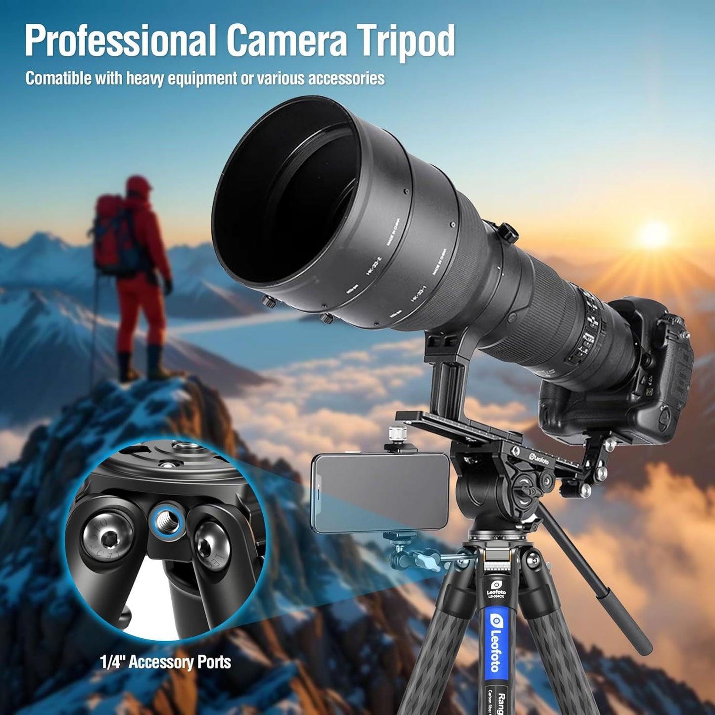 58" Carbon Fiber Tripod, Lightweight Travel Compact Tripod for Mirrorless Camera, DSLR, 4-Sections with Max Tube Dia 36mm, Load Up to 55lbs/25kg (LS-364CX)