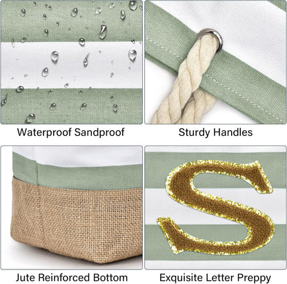 Becokan Beach Bag Initial Beach Tote with Makeup Bag for Travel Work Storage Personalized Birthday Gifts for Women Her