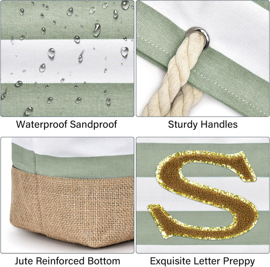 Becokan Beach Bag Initial Beach Tote with Makeup Bag for Travel Work Storage Personalized Birthday Gifts for Women Her