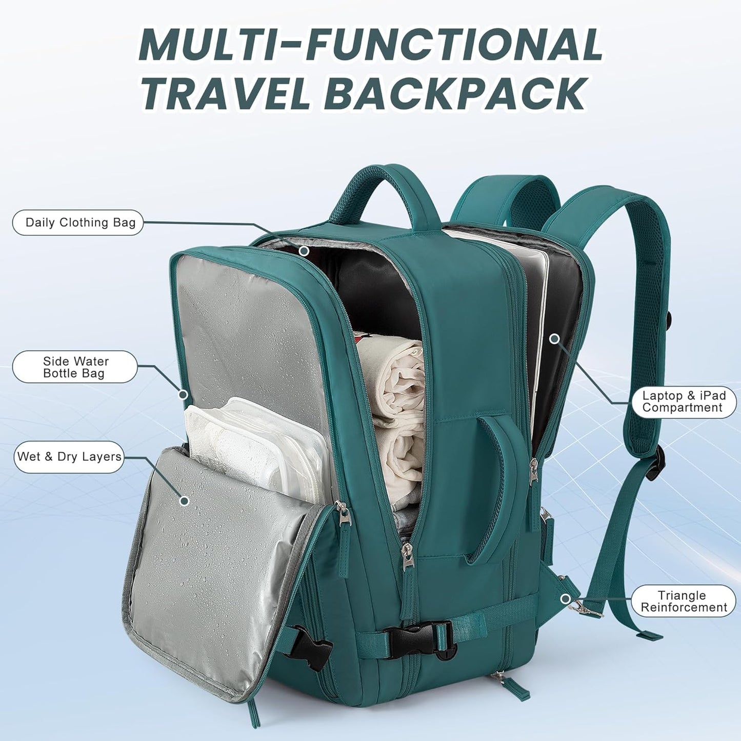 Beraliy Extra Large Travel Backpack for Women as Person Item Flight Approved, 40L Carry On Backpack, 17.3 Inch Laptop Backpack, Waterproof Backpack, Hiking Backpack, Casual Bag,Peacock Blue