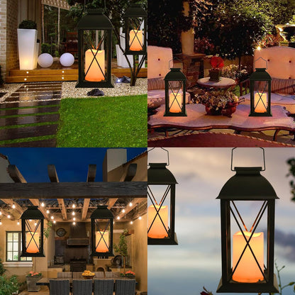 2 Pack Outdoor Solar Lantern 12" Battery Hanging Lanterns Waterproof Vintage Classics Flickering Flameless Candle Lanterns for Patio, Table, Party, Garden, Table, Kitchen