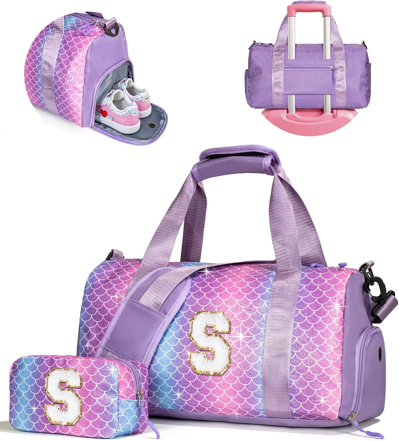 Travel Stuff for Kids-Girl Gym Bag with Shoe Compartment, Kid Weekender Dance Bags, Initial Travel Tote with Makeup Pouch, Gift for 3 4 5 6 7 8 9 10 11 12 Year Old Girls (Letter S)
