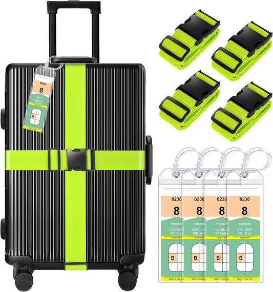 8 Pack Luggage Straps and Cruise Luggage Tags Set (4 Straps, 4 Narrow Tags), Luggage Straps for Suitcases TSA Approved Suitcase Tags, Green