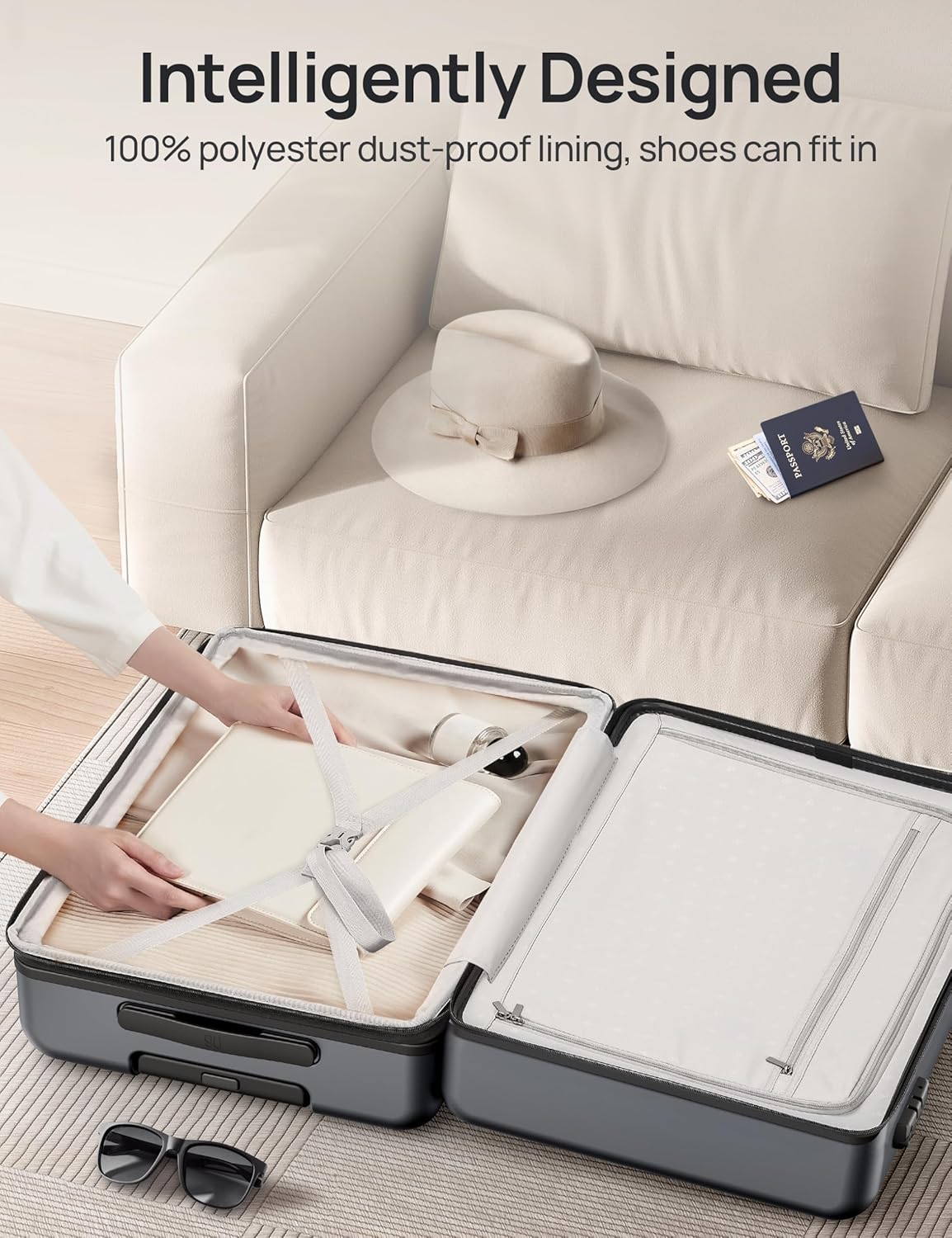 Carry on Luggage 22 X 14 X 9 Airline Approved, 20 Inch Luggage for 3-5 Days Travel, Double Spinner Wheels, 100% Hardshell PC, TSA Lock (00-Grey (Expandable), Checked 28-Inch)