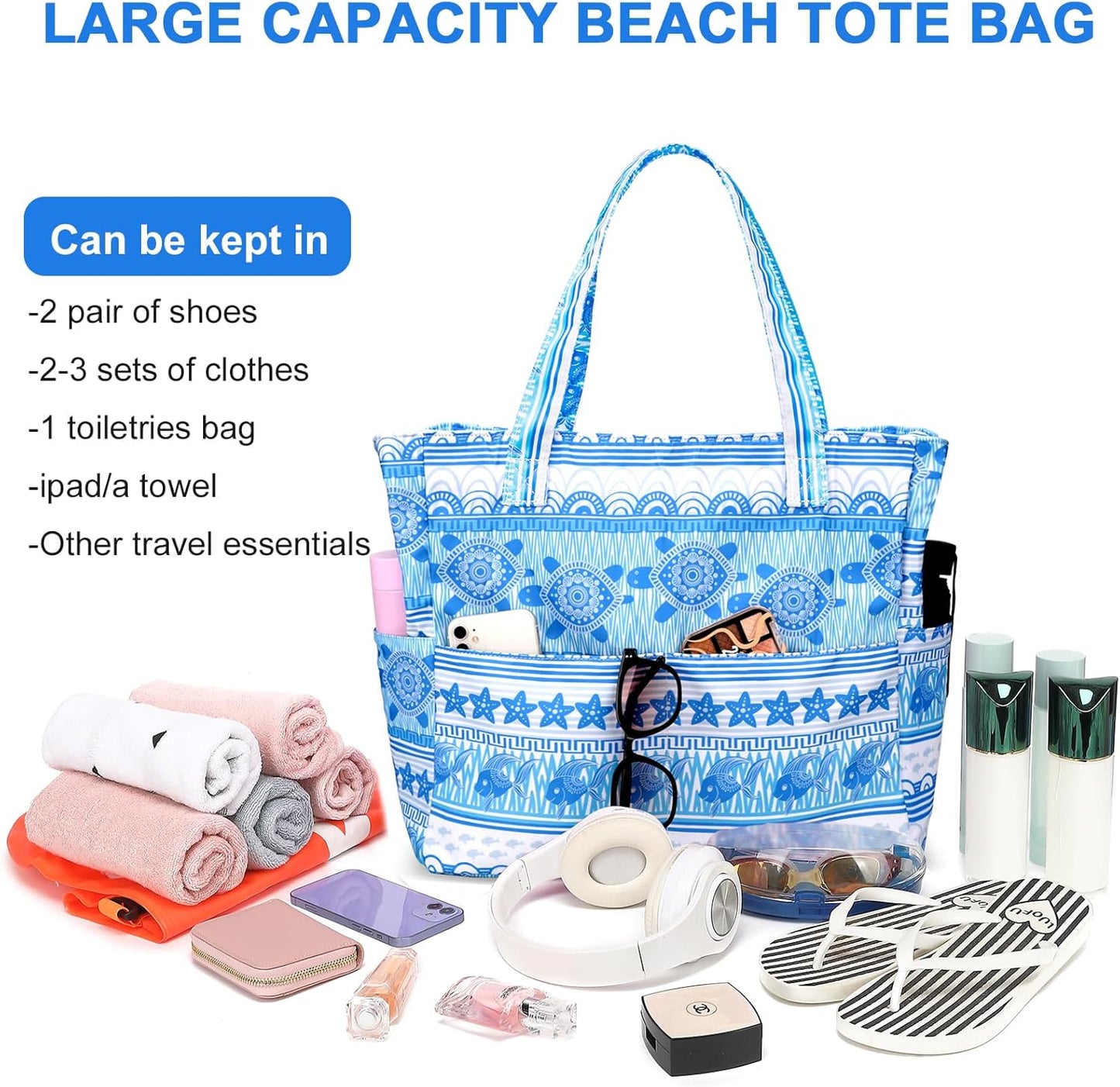 LEDAOU Beach Bag Waterproof Sandproof Women Tote Bag Pool Bag with Zipper for Gym Grocery Travel with Wet Pocket