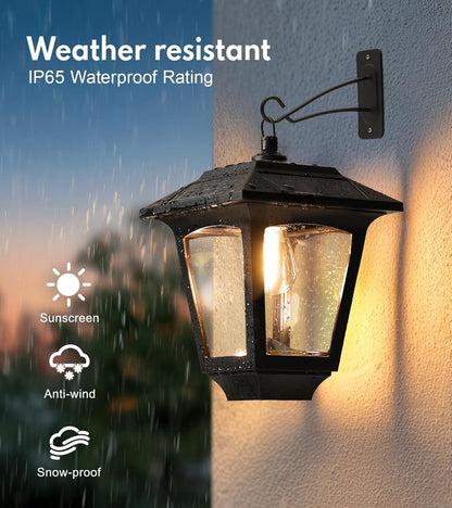 PASAMIC 2 Pack Solar Wall Lights with Replaceable Bulb, IP65 Waterproof Outdoor Sconce, 4 Solar Panels, 3000K Warm White, Automatic Dusk to Dawn Lighting for Porch, Garden, Patio, Garage, Fence