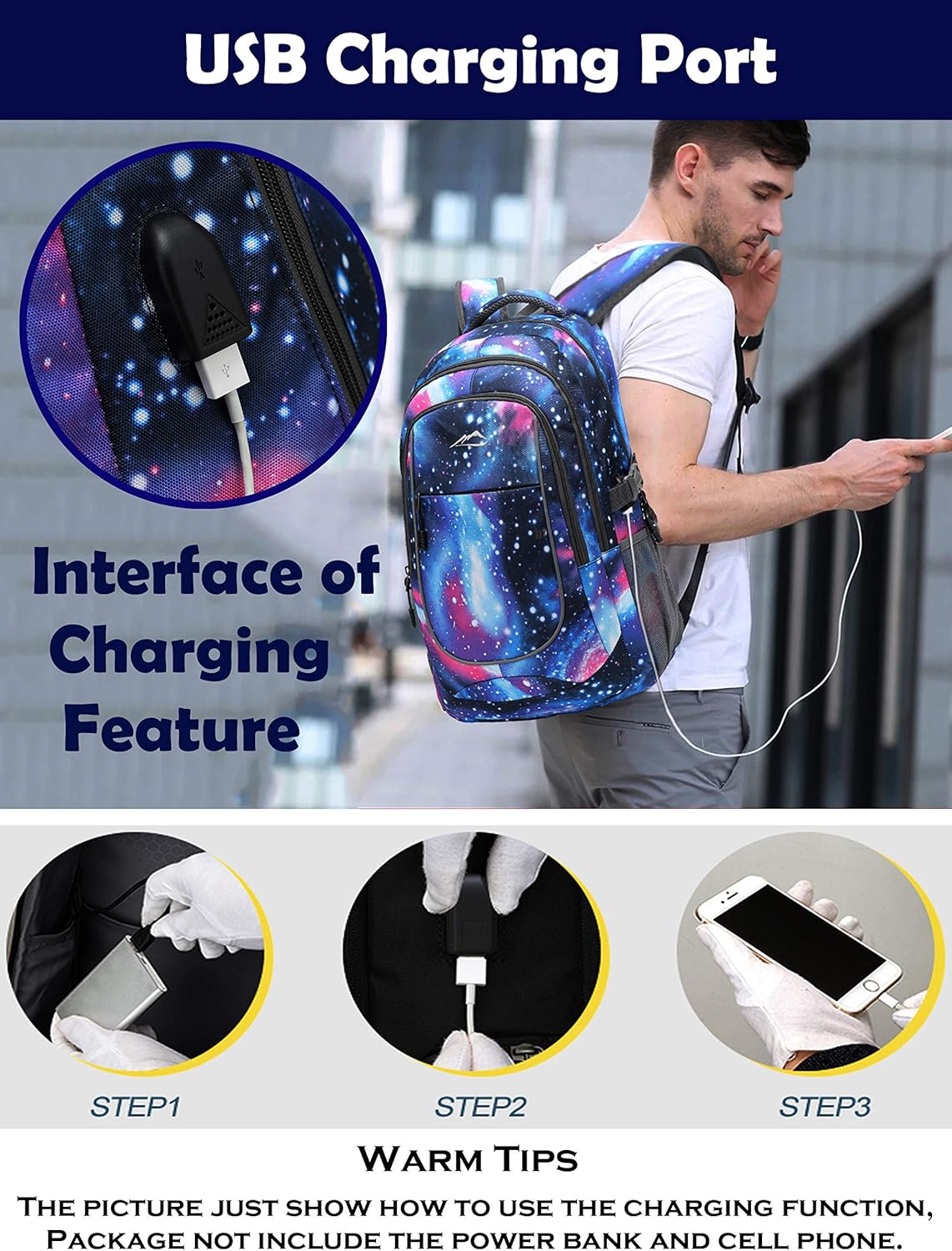 Galaxy Backpack for College Sturdy Bookbag Travel Business with USB Charging Port Laptop compartment Chest Straps Anti Theft Night Light Reflective (Galaxy)