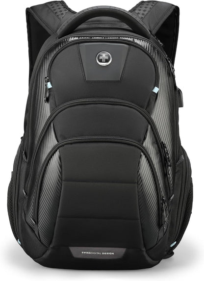 Swissdigital Design TSA Business Laptop Backpack for Men, Large Capacity Travel Backpack with Apple Find My Network and USB Charging Port Tech Backpacks Fits 17 Inch Computer Black| SD1643FB-01