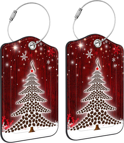 2 PCS Leather Luggage Tags for Suitcase Christmas Tree Snowflake Red Travel Luggage Tag with Privacy Flap Name ID Label and Metal Loop for Travel Bag Suitcase