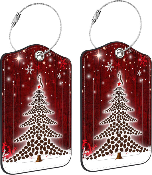 2 PCS Leather Luggage Tags for Suitcase Christmas Tree Snowflake Red Travel Luggage Tag with Privacy Flap Name ID Label and Metal Loop for Travel Bag Suitcase