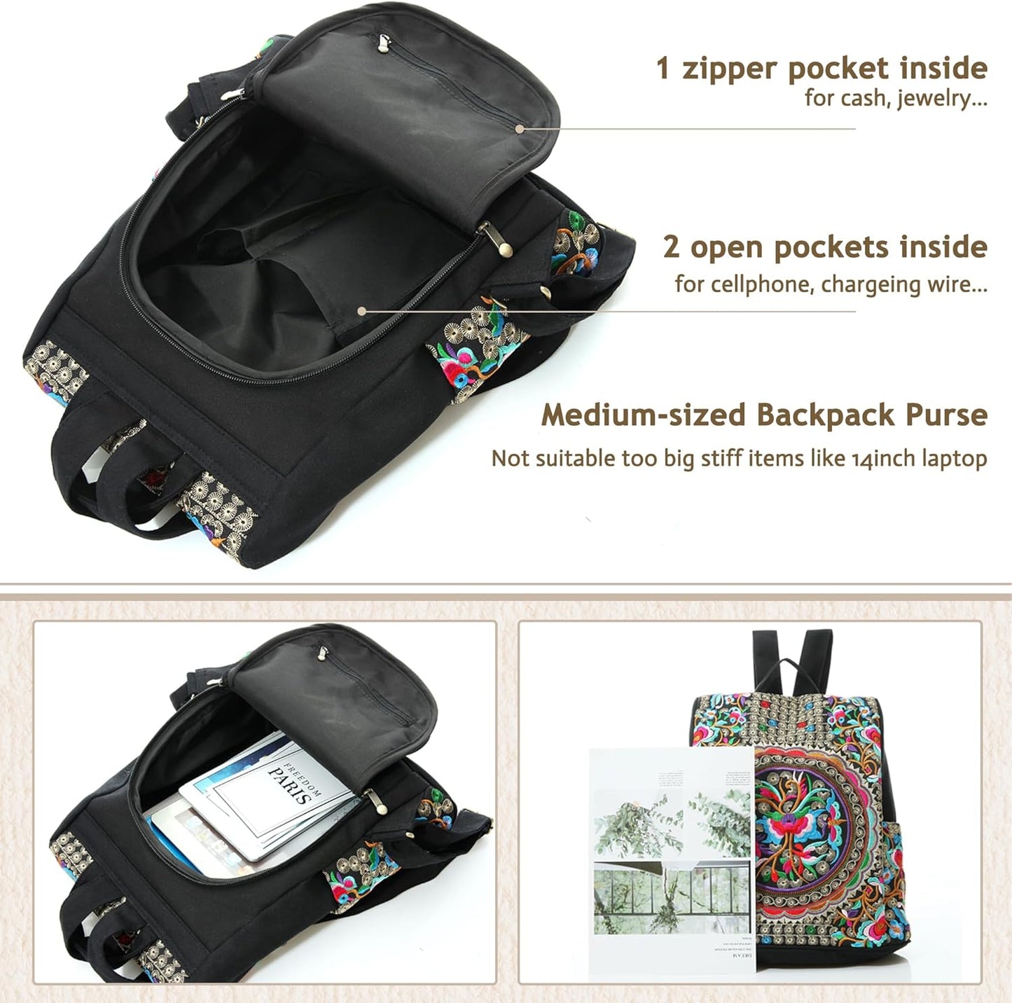 Jursccu Embroidered Women Backpack Purse, Fashion Canvas Travel Anti-theft Rucksack Shoulder Bag (Flower Embroidery)