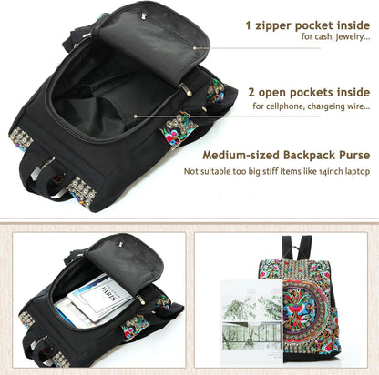 Jursccu Embroidered Women Backpack Purse, Fashion Canvas Travel Anti-theft Rucksack Shoulder Bag (Flower Embroidery)
