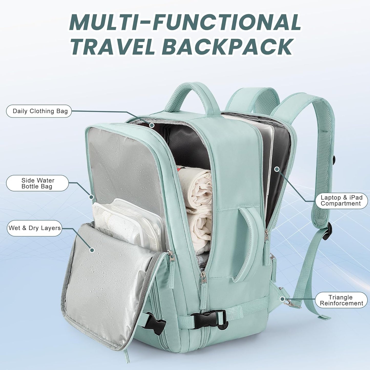 Beraliy Travel Backpack for Women, Airline Approved Bag, 16 inch Laptop Waterproof Hiking Backpack, Casual College Daypack, Weekender Bag, Mint Green