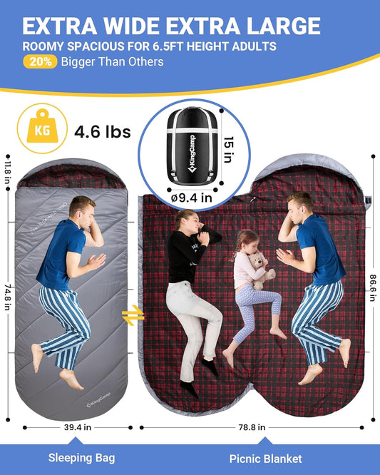 KingCamp Sleeping Bag for Adults, Cold Weather & Warm Extra Wide Big & Tall XL Portable Waterproof Flannel Sleeping Bags, Essentials Gear Accessories for Camping Backpacking Hiking Indoor & Outdoor