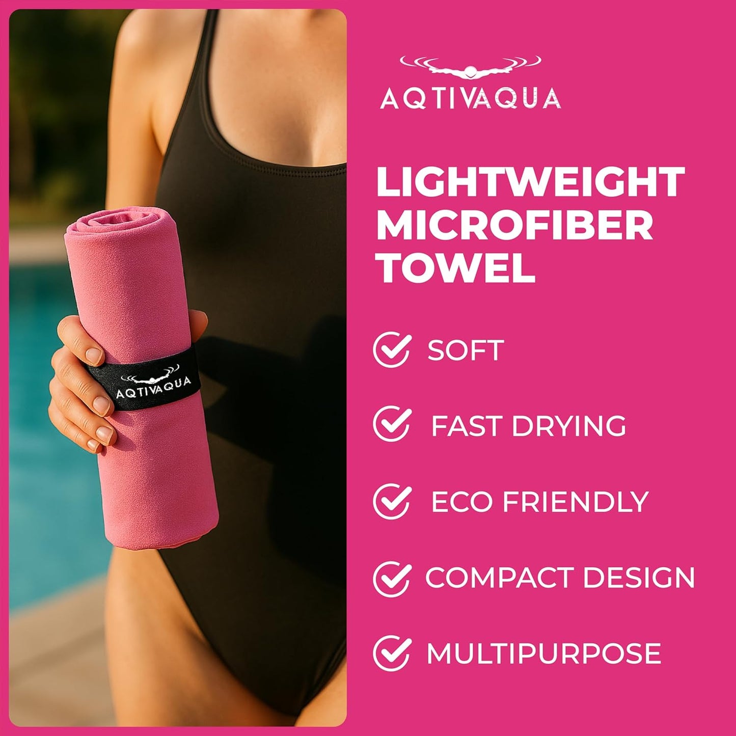 AqtivAqua Quick Dry Towel - Lightweight Microfiber Travel Towel w/Bag - Fast Drying Towel Set for Camping, Beach, Pool, Gym, Backpacking, Sports, Yoga & Swim Use, Hiking (Pink, M:24"x40")