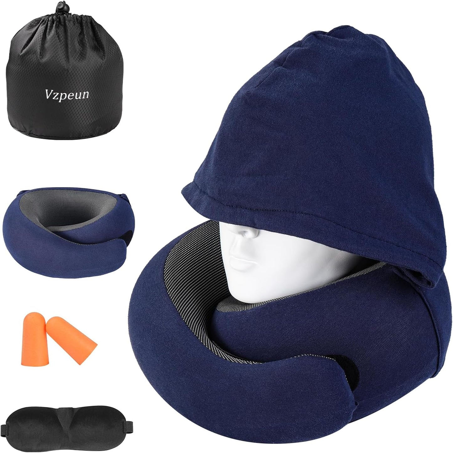 Travel Pillow - Hooded Neck Pillow Airplane Memory Foam Filling for Plane, Office, Cars Sleeping, Road Trip, Long Flights, Portable Plane Accessories, Includes Eye Mask & Earplugs (Navy)