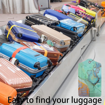 Green Gold Marble 2-Pcs Premium Leather Tags with Privacy Covers,Luggage Tag Stainless Steel Loops Ideal for Suitcases, Travel Bags, Backpacks