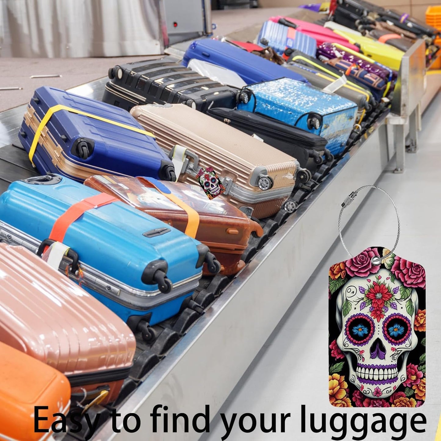 Skull Flower Diamond Art Luggage Tags for Suitcases,2 Pack Luggage Tag, Leather Stainless Steel Loop Label Tag for Women Girl Travel Bag Suitcase