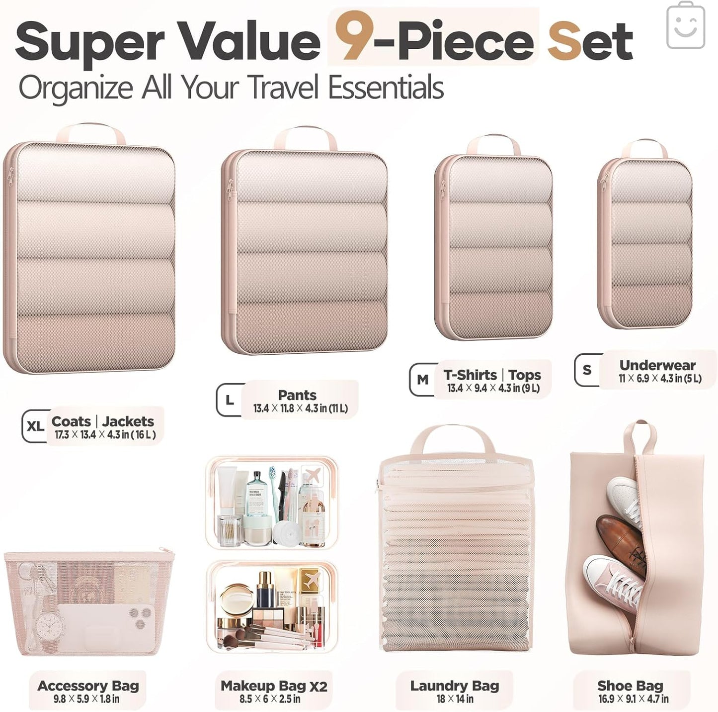 Veken 9/11 Set Compression Packing Cubes for Travel Essentials,Compressible Expandable Large Luggage Suitcase Organizer Bags for Clothing,Durable Space Saver Storage Bags with Toiletry Bags(Beige)