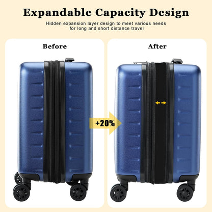 16 Inch Carry On Luggage Airline Approved, Expandable Lightweight ABS+PC Hard Shell Suitcases with 360° Spinner Wheels, TSA Lock, YKK Zippers (Navy Blue, 1 PC)
