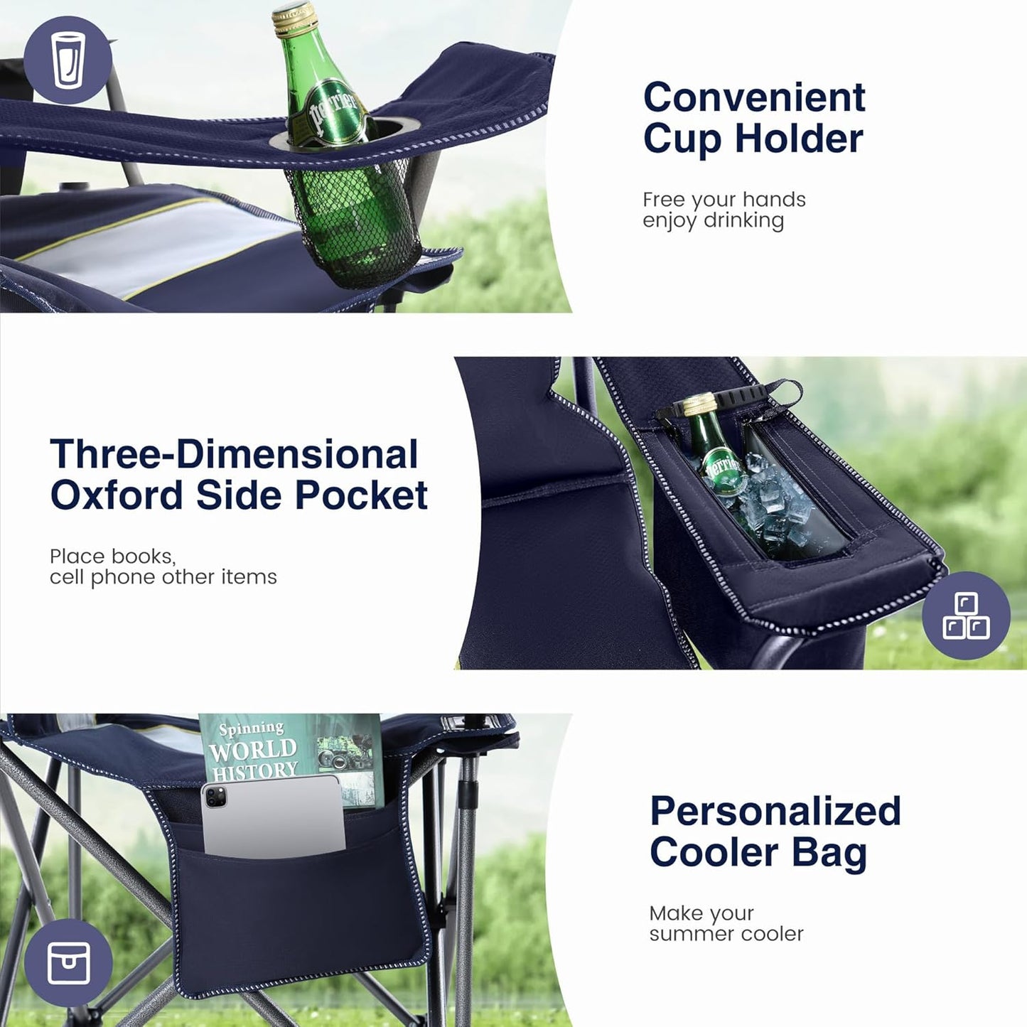HIGH POINT SPORTS Oversized Camping Folding Chair, Heavy Duty Portable Outdoor Chair, Foldable Camp Chair with Cup Holder and Cooler Bag Support 450 LBS, Dark Blue…