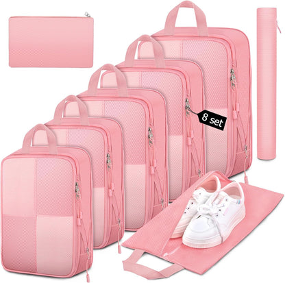 8 Set Compression Packing Cubes Travel, Lightweight Expandable Travel Cubes Suitcase Organizer for Carry On Luggage Suitcase, Pink