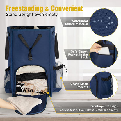 Laundry Bag Backpack Extra Large, 110L Laundry Backpack Heavy Duty with Shoulder Straps, Collapsible and Mesh Pocket Dorm Laundry Basket Hamper Bag for College, Travel, Laundromat, Apartment Blue