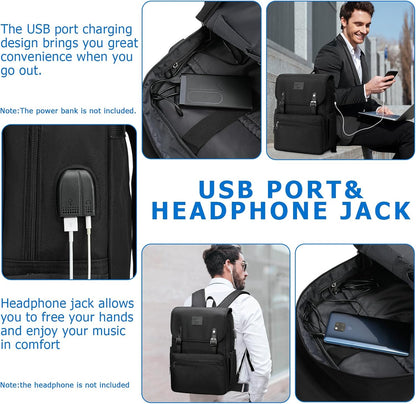 HFSX Vintage College Laptop Backpack for Women & Men - with USB Charging Port (Black, Fits 15.6 inch Notebook)