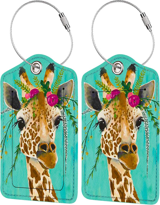 2 Pack Luggage Tag for Suitcase, Cute Unique Leather Bag Tags Identifiers Privacy Cover ID Label with Durable Steel Loop for Women Men Kids Girls Travel, Giraffe