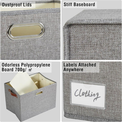 17" Large Collapsible Storage Bins with Lids, Stackable Closet Organizers with PU Handle and Labels, 3-Pack Decorative Fabric Storage Boxes for Home, Bedroom, Closet, Office, Nursery(Gray)