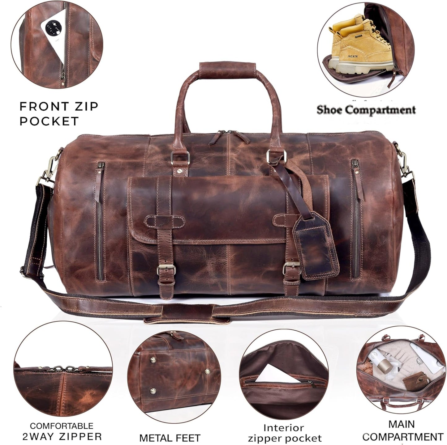 24 Inch Genuine Leather Duffle Bag for Men Travel Overnight Weekender Leather Duffel Bags Sports Gym Duffel for Men and Women Carry On Luggage for Traveling