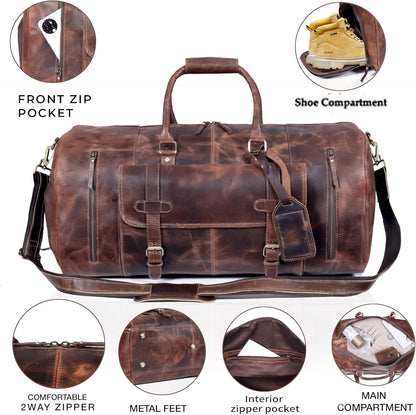 24 Inch Genuine Leather Duffle Bag for Men Travel Overnight Weekender Leather Duffel Bags Sports Gym Duffel for Men and Women Carry On Luggage for Traveling