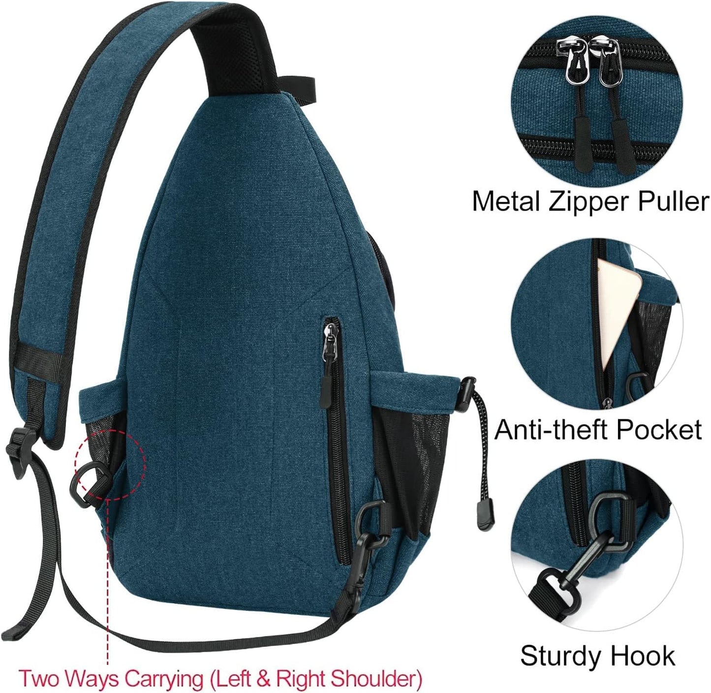 MOSISO Sling Backpack,Canvas Crossbody Hiking Daypack Bag with Anti-theft Pocket, Teal Green