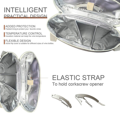 3 Bottle Insulated Wine Tote Carrier Bag, Portable Travel Padded Wine Cooler - Corkscrew Opener, Handle and Adjustable Shoulder Strap, Wine Lover Travel Picnic Party Wedding Wine Tote Grey