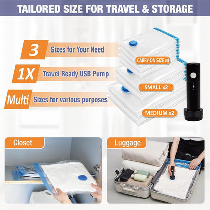 Travel Vacuum Storage Bags with Electric Pump, 10 Combo Travel Packing Bags for Luggage and Suitcase, Carry-on Size Compression Space Saver for Clothes and Clothing