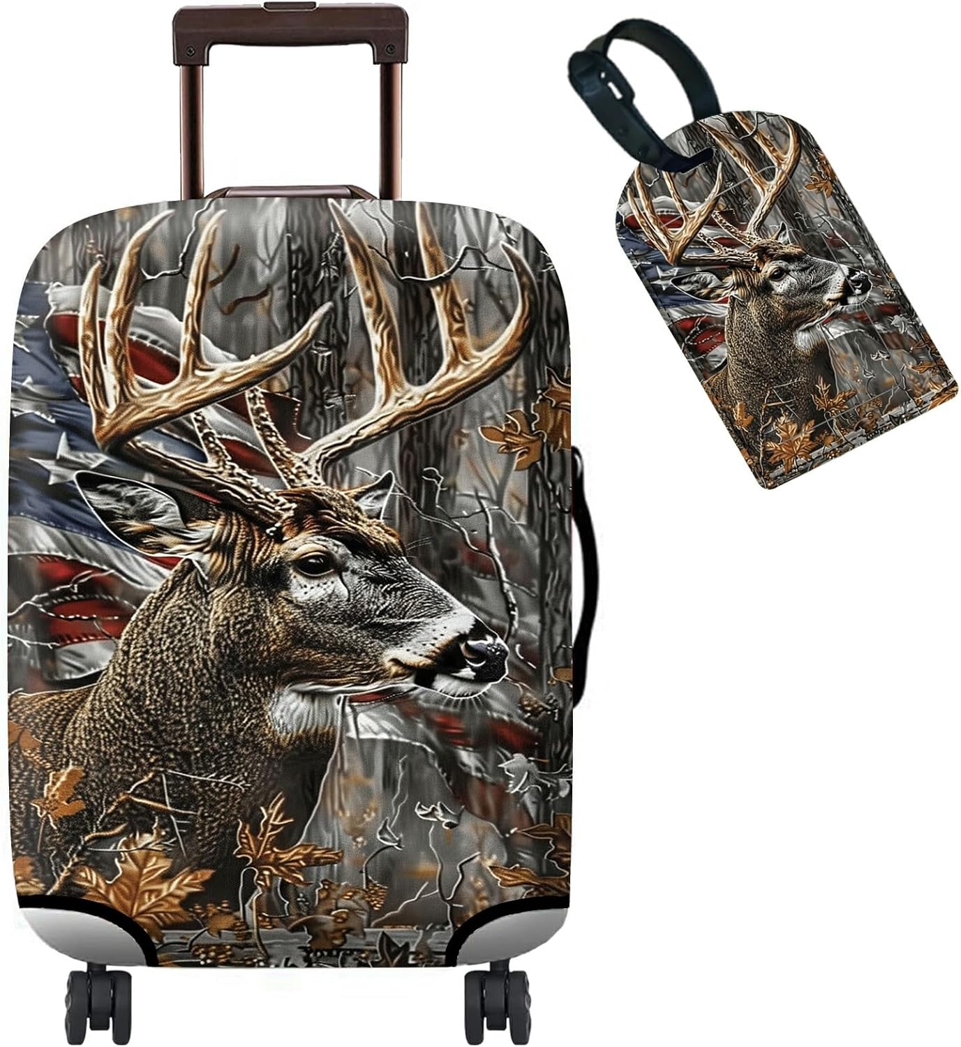 Luggage Cover Suitcase Protector + Tag, Camo Deer Flag Travel Suitcase Cover for 20 inch Luggage (S) with Concealed Zipper Washable Elastic Cloth Dustproof Anti-Scratch