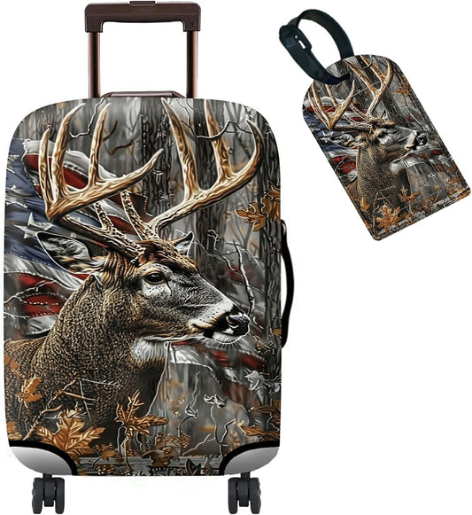 Luggage Cover Suitcase Protector + Tag, Camo Deer Flag Travel Suitcase Cover for 20 inch Luggage (S) with Concealed Zipper Washable Elastic Cloth Dustproof Anti-Scratch