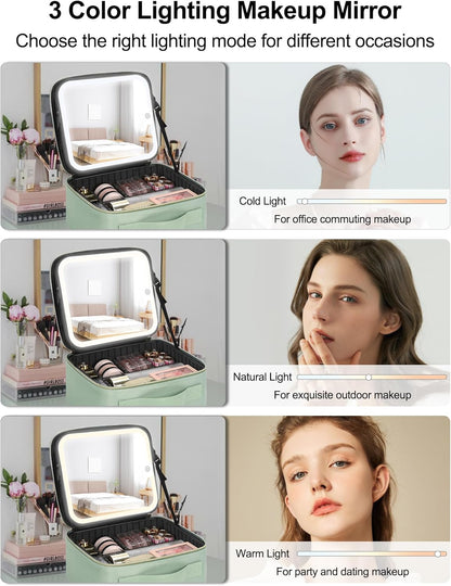 Chomeiu Makeup Bag with LED Mirror, Travel Makeup Case for Women and Makeup Artists Cosmetic Organizer Large Make Up Bags with Light Up Mirror, 3 Color Lights, Adjustable Dividers, Quilted Green