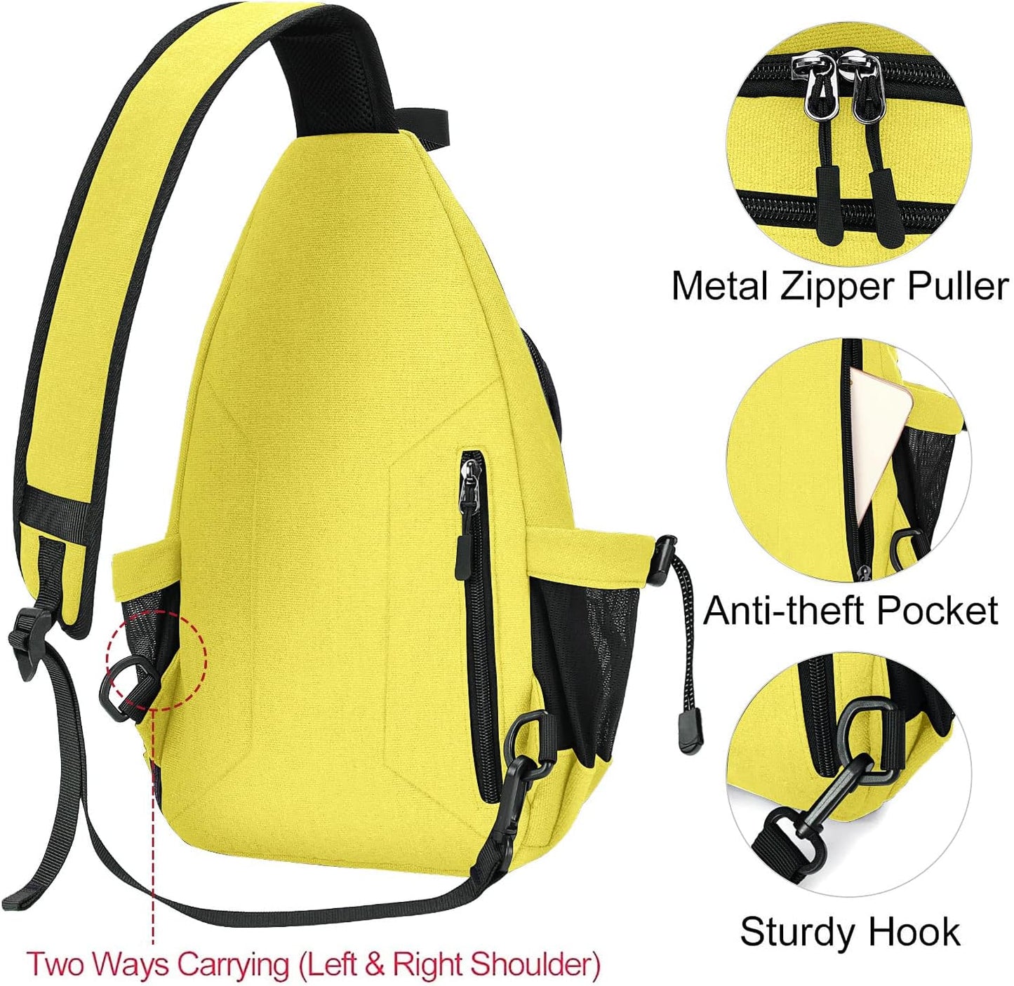 MOSISO Sling Backpack,Canvas Crossbody Hiking Daypack Bag with Anti-theft Pocket, Yellow