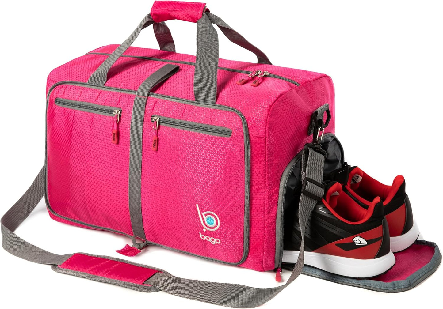 Bago Foldable Duffel Bags for Traveling Women & Men - 60L Medium Packable Duffle Bag for Travel with Shoe Compartment - Water Repellant, Heavy Duty, Lightweight Folding & Collapsible (Pink)