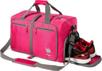 Bago Foldable Duffel Bags for Traveling Women & Men - 60L Medium Packable Duffle Bag for Travel with Shoe Compartment - Water Repellant, Heavy Duty, Lightweight Folding & Collapsible (Pink)