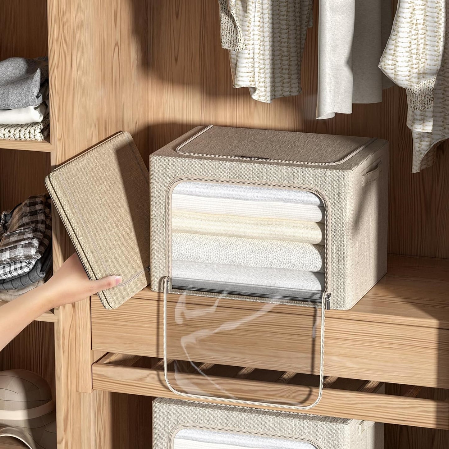 4 Pack Clothes Storage Bins with Metal Frame - Linen Fabric Foldable Stackable Container Organizer Set with Clear Window & Carry Handles & Zippers (Beige, 19.7"x15.7"x13")