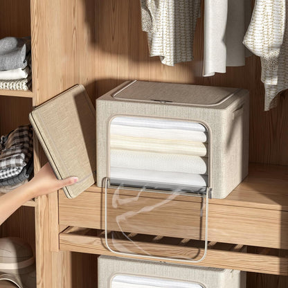 4 Pack Clothes Storage Bins with Metal Frame - Linen Fabric Foldable Stackable Container Organizer Set with Clear Window & Carry Handles & Zippers (Beige, 19.7"x15.7"x13")