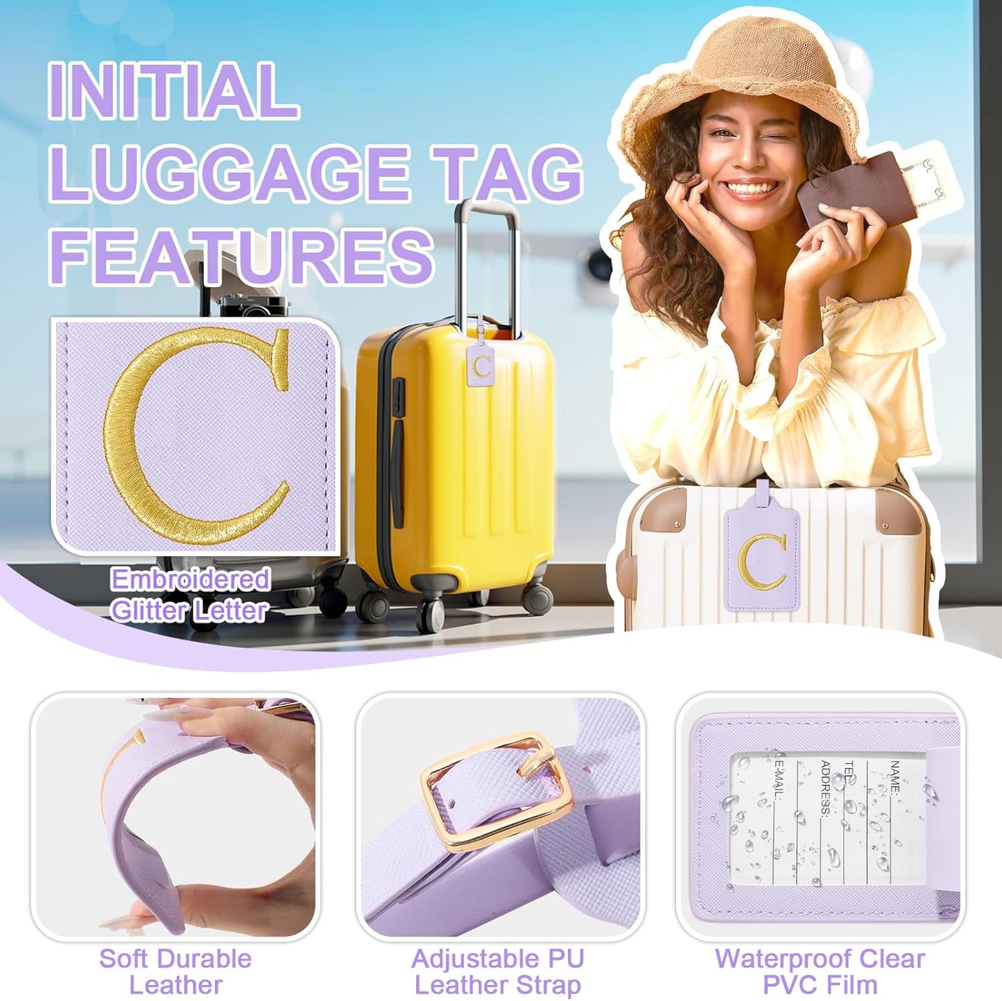 Personalized Initial Luggage Tags for Suitcase, Purple Leather Cute Luggage Tags with Privacy Cover Name Card, Embroidered Custom Monogrammed Luggage Tag Travel Backpack Tags Gifts for Women Kids(C)