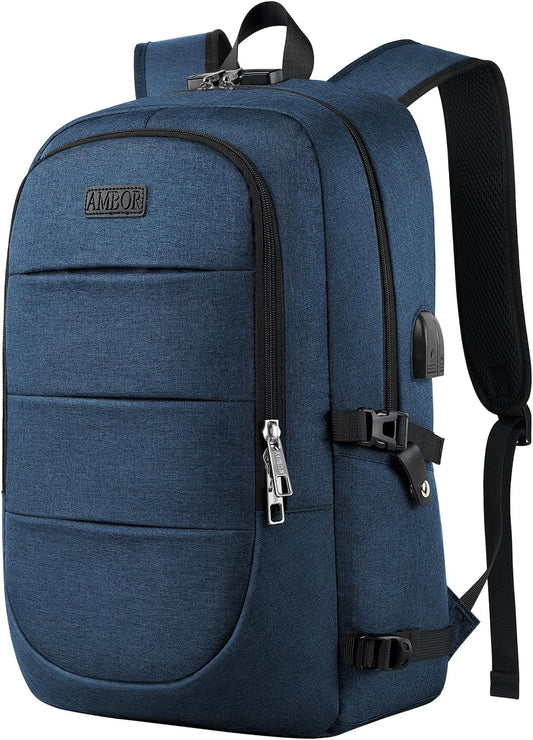 AMBOR 15.6-17.3 Inch Laptop Backpack, Anti Theft Business Travel Backpack with USB Charging Port and Headphone Interface, Water Resistant Computer Bag for Men & Women, Blue