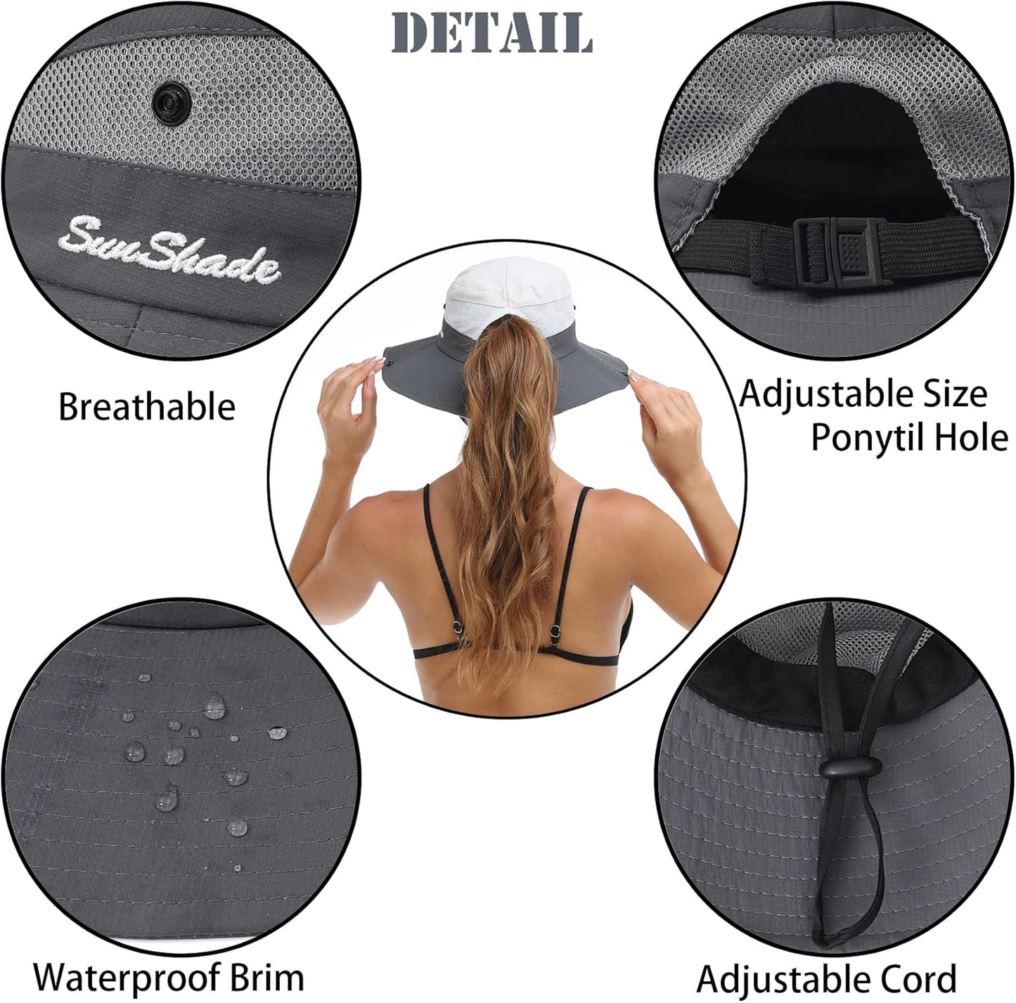 Womens Summer Sun Hat Beach Hat Wide Brim Outdoor UV Protection Hat Foldable Cool Mesh Ponytail Bucket Hat